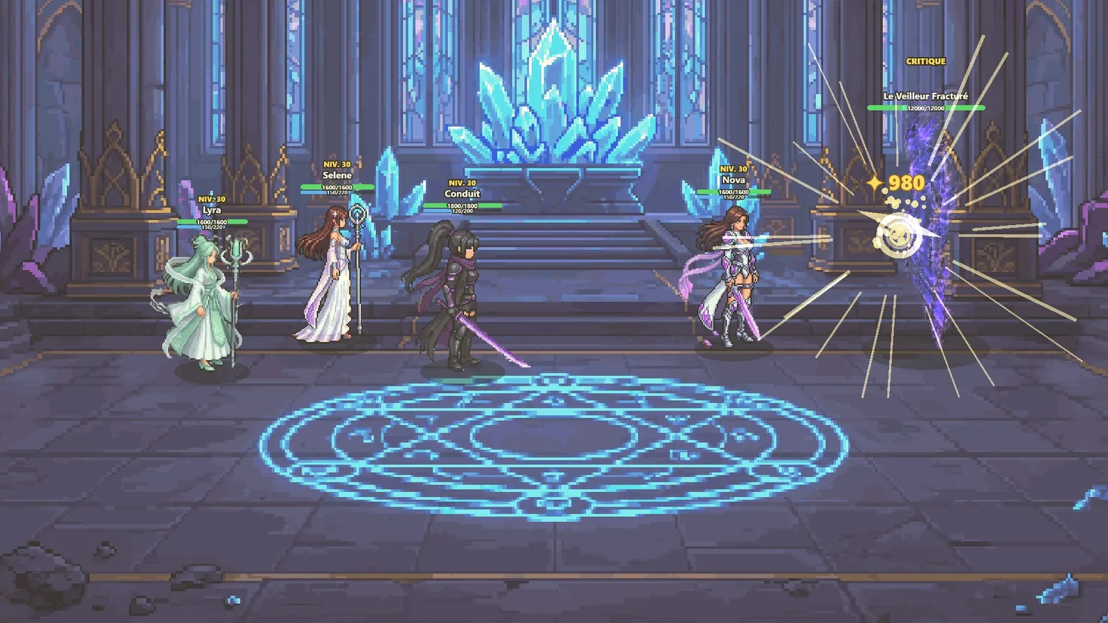 Combat en pixel art : Nova porte un coup critique au Veilleur Fracturé, aux côtés de Lyra, Selene et du Conduit