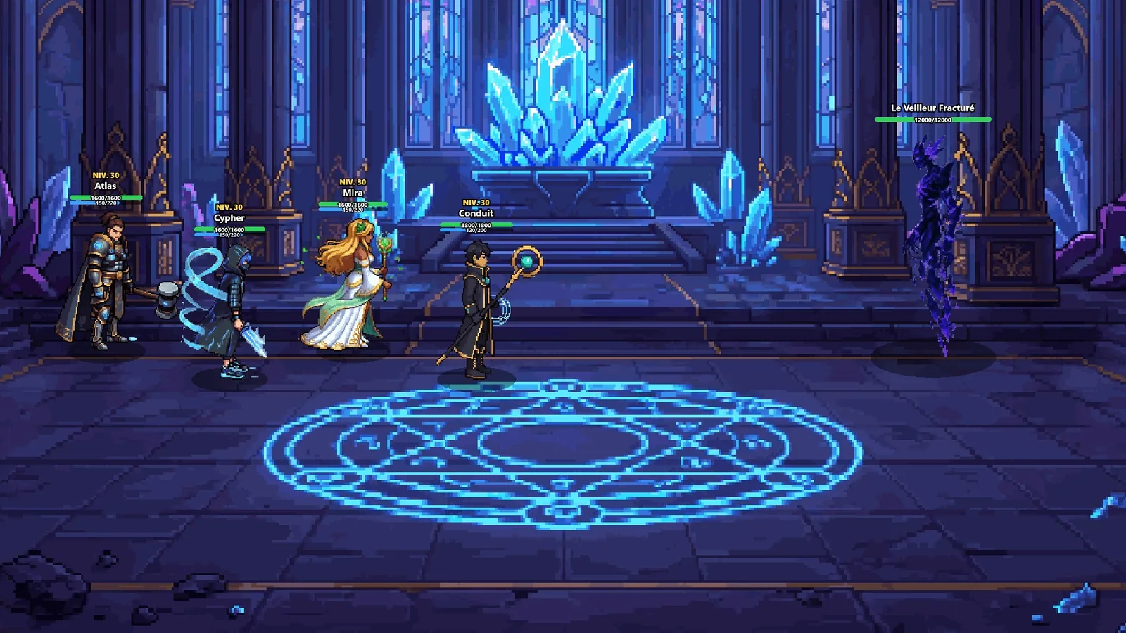 Un combat en pixel art dans le temple de cristal : Atlas, Cypher, Mira et un Conduit face au Veilleur Fracturé